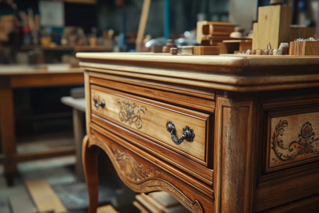 Meuble ancien en bois avec finition restauré chez les entreprises marcel à Boulogne Billancourt